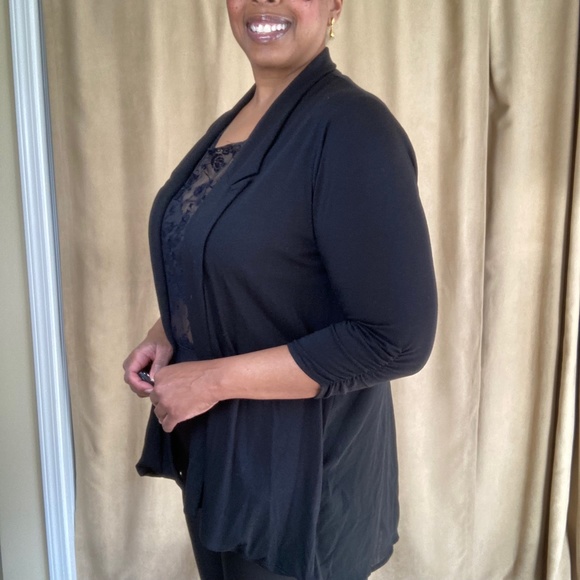 August Silk Woman Cardigan, Sheer Back, Black, 3/4 Ruched Sleeves, Size 1X - Picture 7 of 16